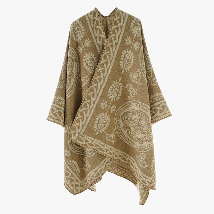 Women's Oversized Cape with Ornamental Jacquard and Asymmetrical Pointed Hem Mune Fashion