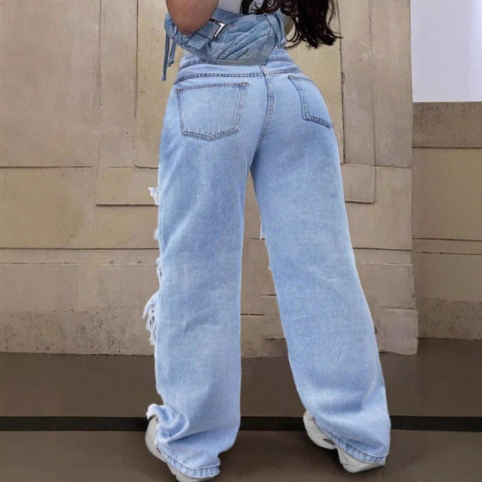 Women Baggy Denim Pants with Extra Large Destroyed Cutouts and Wide Leg Mune Fashion