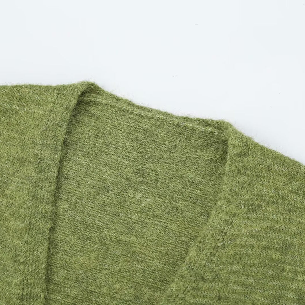 Women's Oversized Knit Cardigan with Balloon Sleeves and Striped Trim Button Placket Mune Fashion