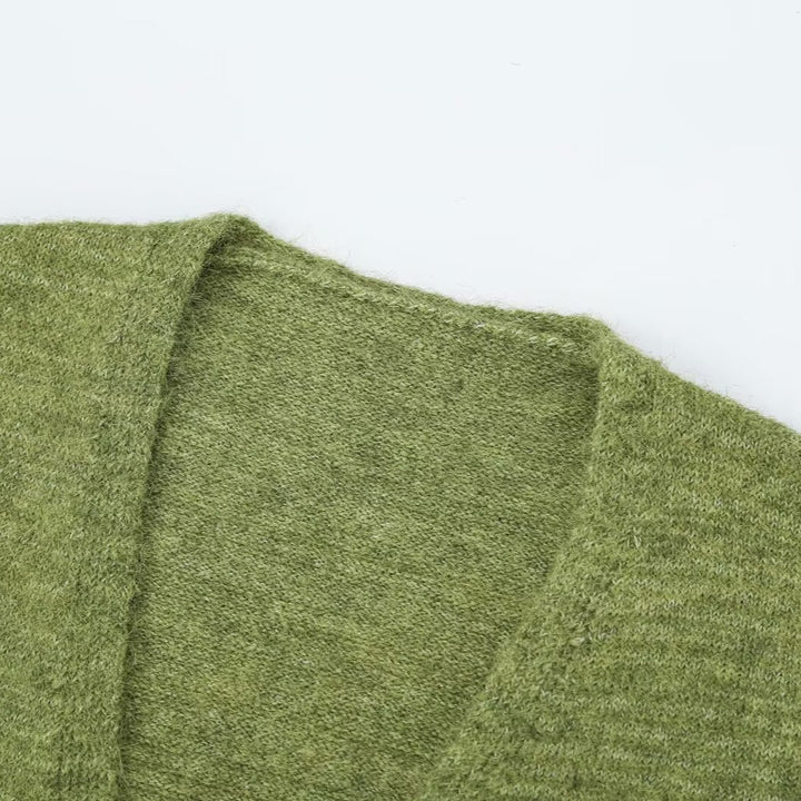 Women's Oversized Knit Cardigan with Balloon Sleeves and Striped Trim Button Placket Mune Fashion