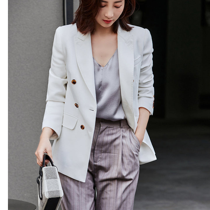 Women's Double-breasted tailored wool blazer with texture and reinforced shoulders Mune Fashion