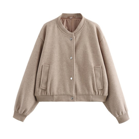 Women's padded bomber jacket made of wool blend with snap button placket, ribbed collar, and side slit pockets Mune Fashion