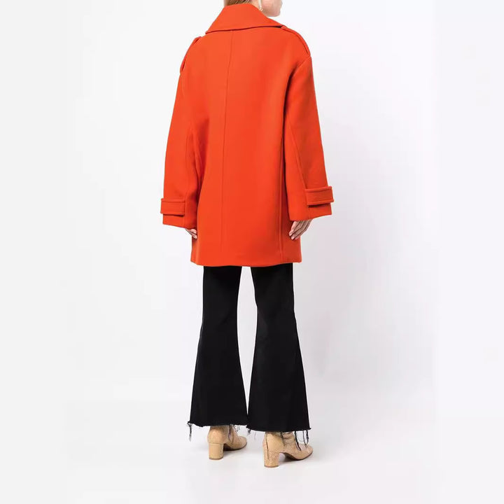 Women's Oversized Double-Breasted Short Coat made of Wool Blend with Extra Wide Sleeves and Golden Decorative Buttons Mune Fashion
