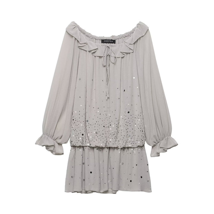 Women flowy chiffon mini dress with off-shoulder neckline, ruffles and sequins Mune Fashion