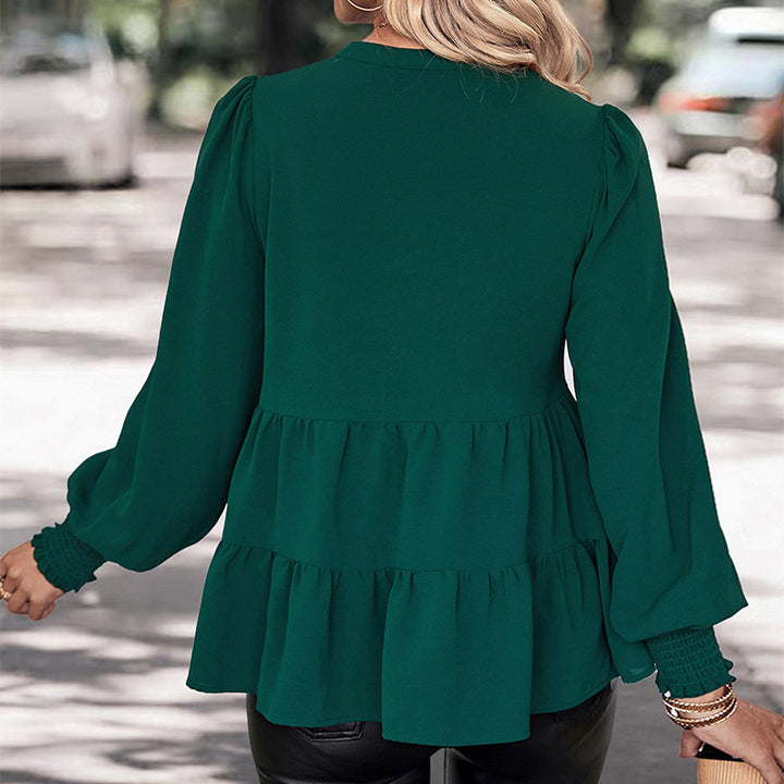 Women's Two-Tier Ruffle Blouse with V-Neck and Gathered Cuff Sleeves Mune Fashion