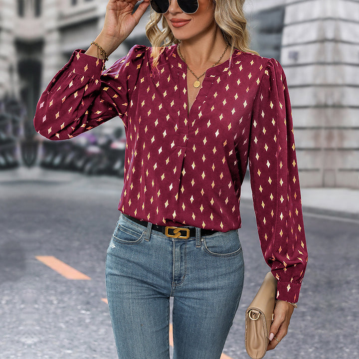 Women's Printed Viscose Blouse with Diamond Print, Stand Collar and Balloon Sleeves Mune Fashion