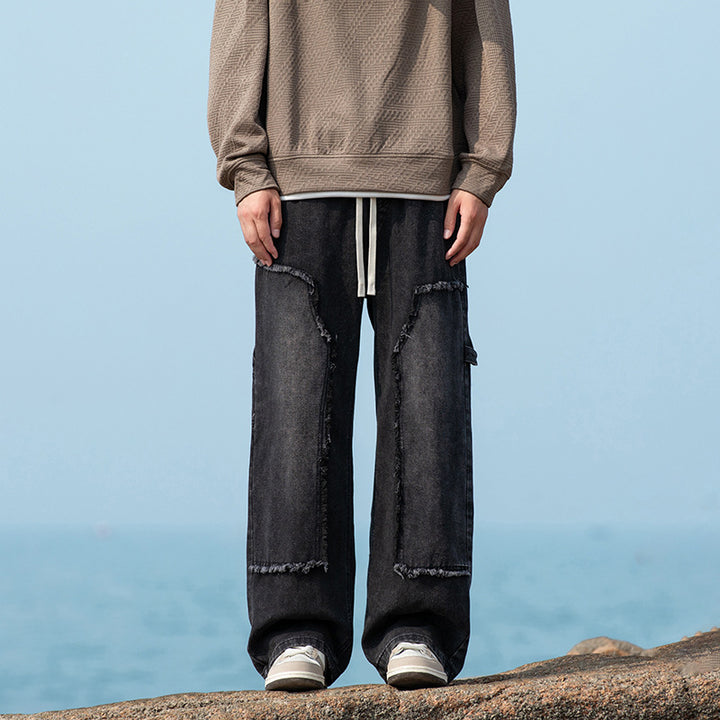 Men's Wide Denim Cargo Pants with Fringed Patch Pockets and Drawstring Waist Drune