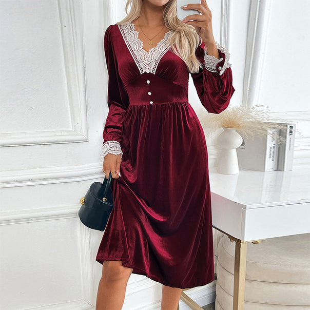 Women's velvet midi dress with lace V-neck, tailored empire cut and decorative buttons Mune Fashion