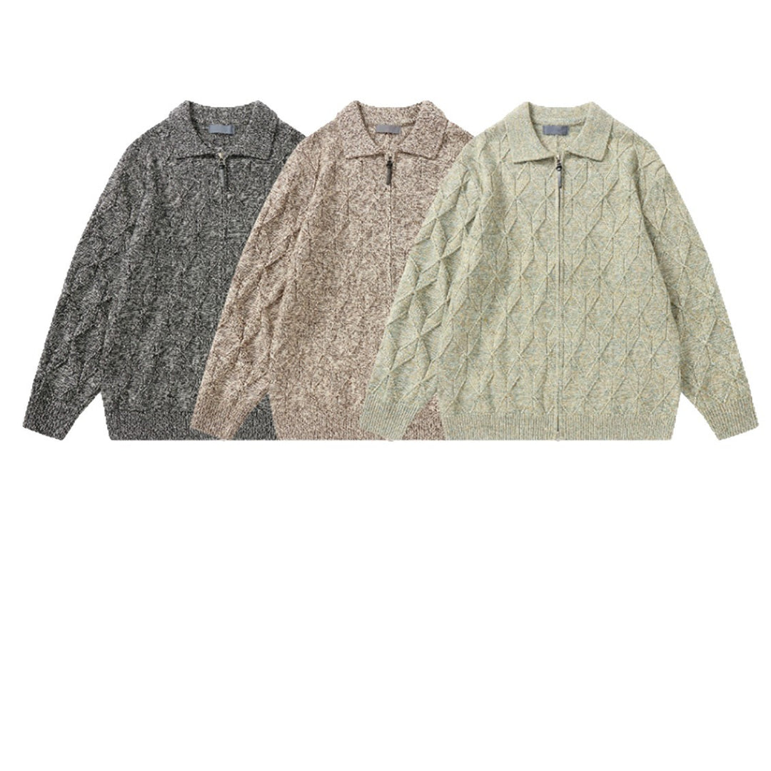 Women’s coarse structured knit zip cardigan with shirt collar Mune Fashion