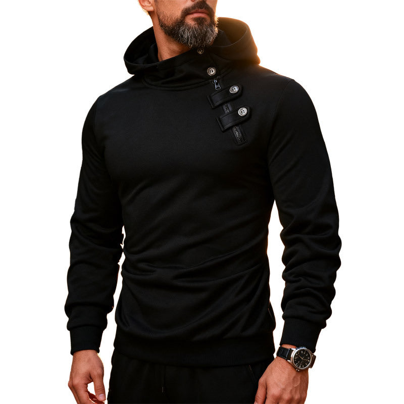 Men's fitted hoodie with high collar, decorative tabs and concealed diagonal zipper Mune Fashion