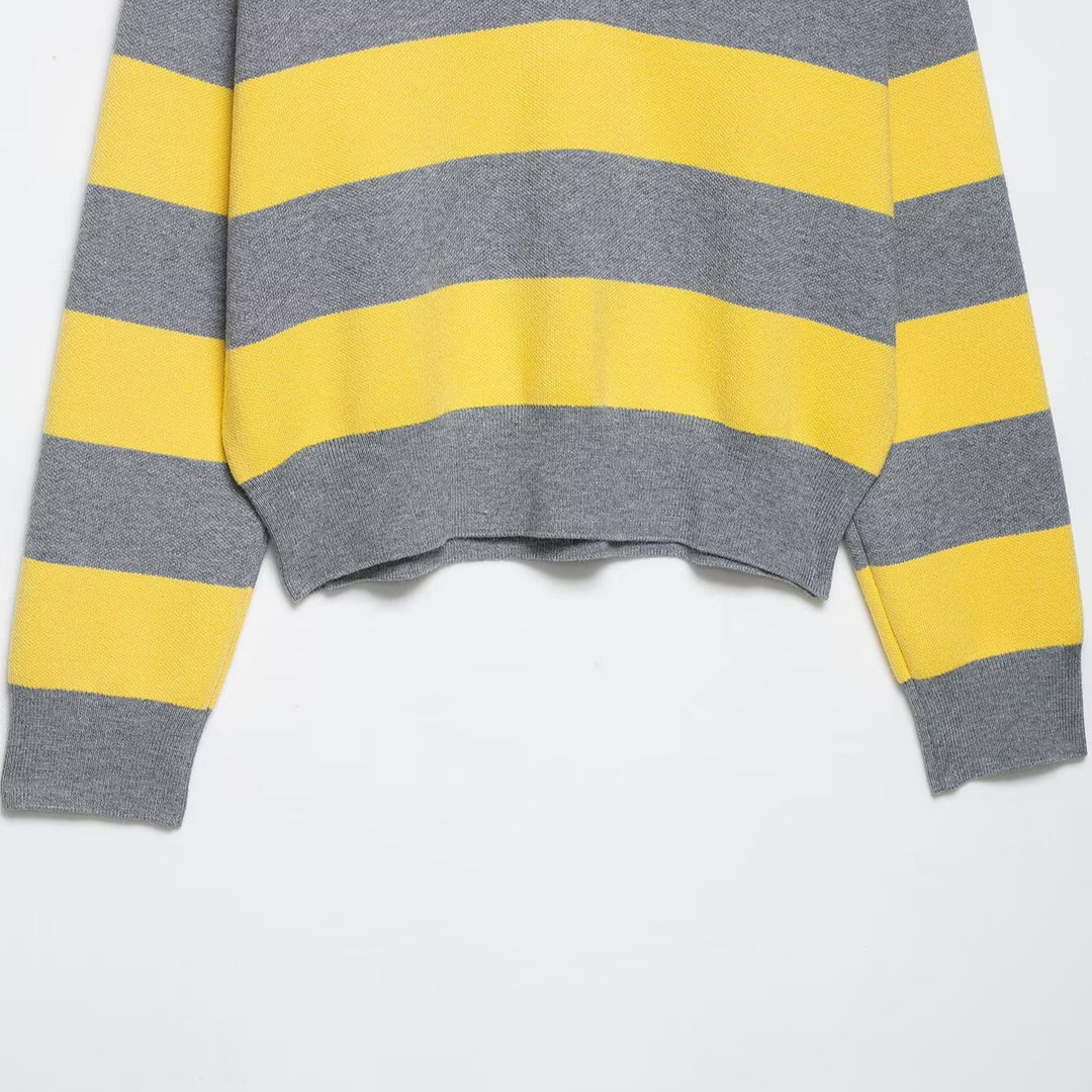 Women's Oversize Striped Rugby Sweater with Open Polo Collar and V-Neck Mune Fashion