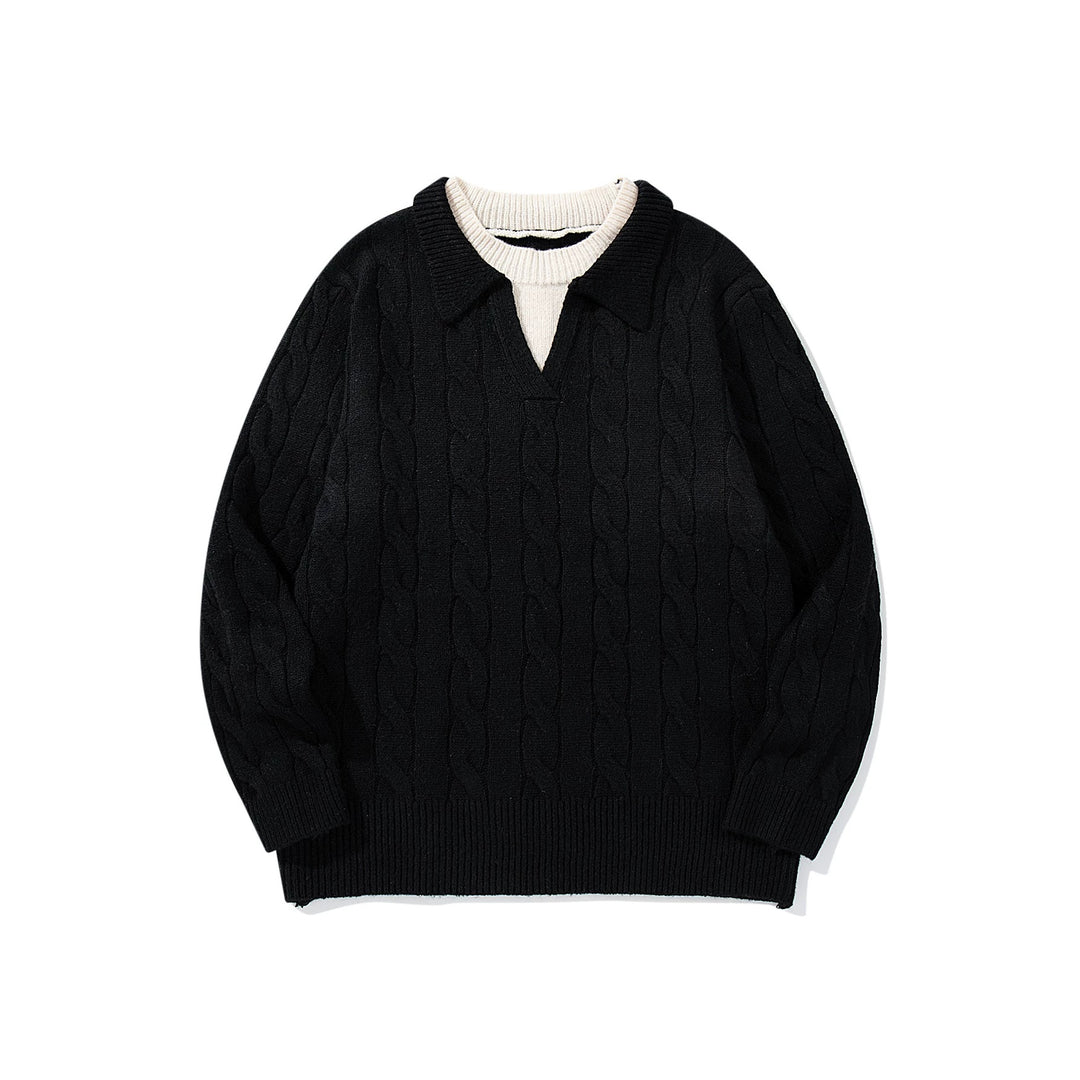 Unisex Structured Cable Knit Sweater with Polo Collar and Deep V-neck Mune Fashion