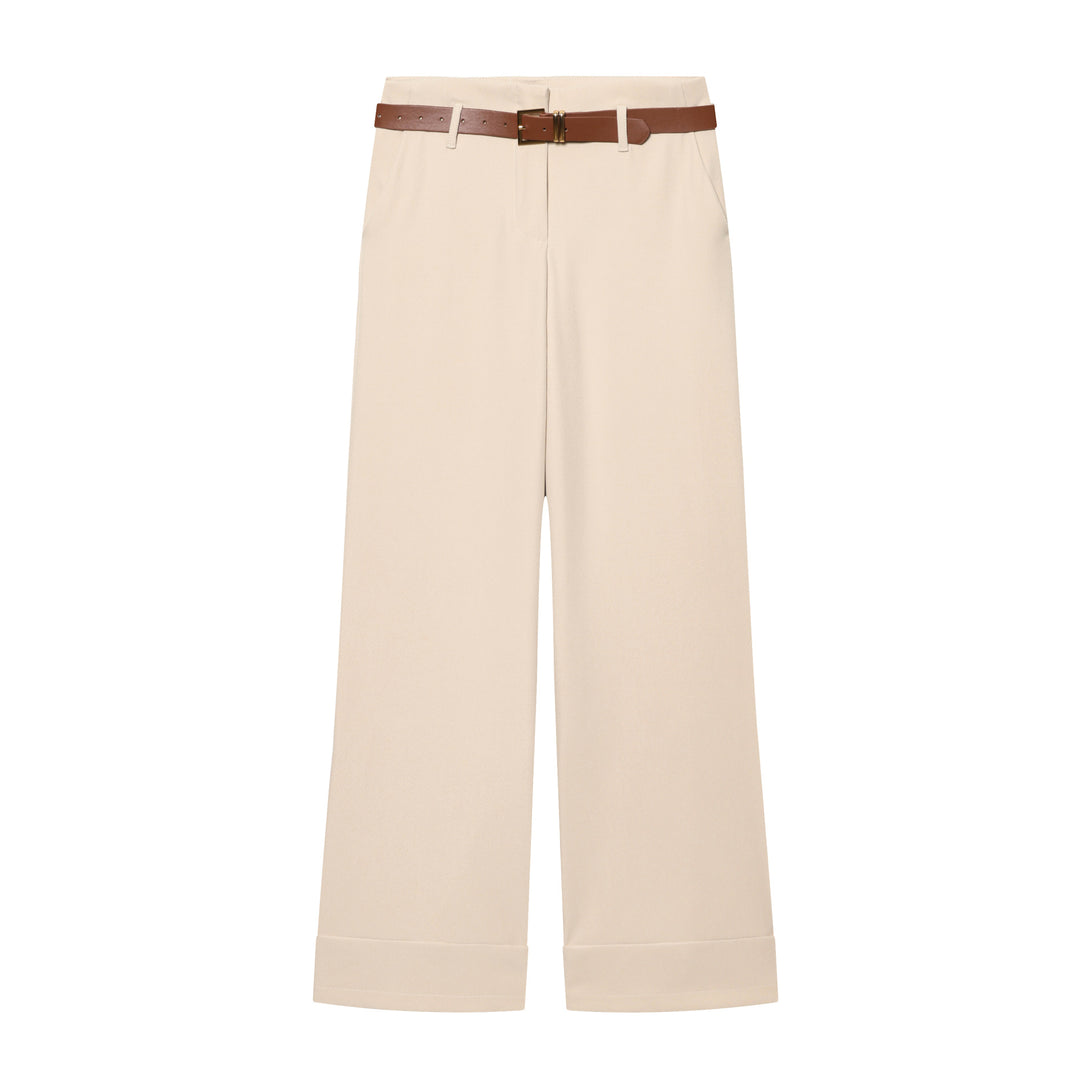 Women Wide High-Waist Trousers with Cuffed Hem, Pleat and Waist Belt Mune Fashion