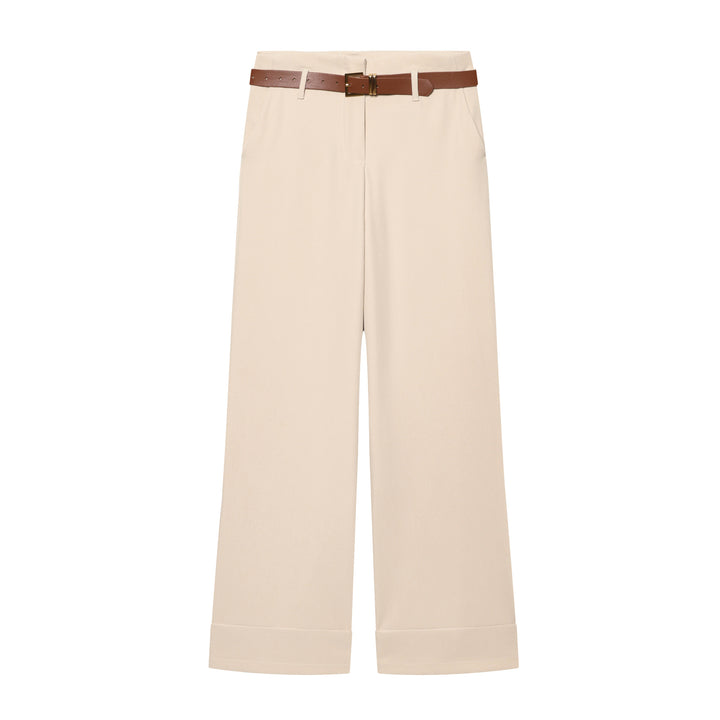 Women Wide High-Waist Trousers with Cuffed Hem, Pleat and Waist Belt Mune Fashion