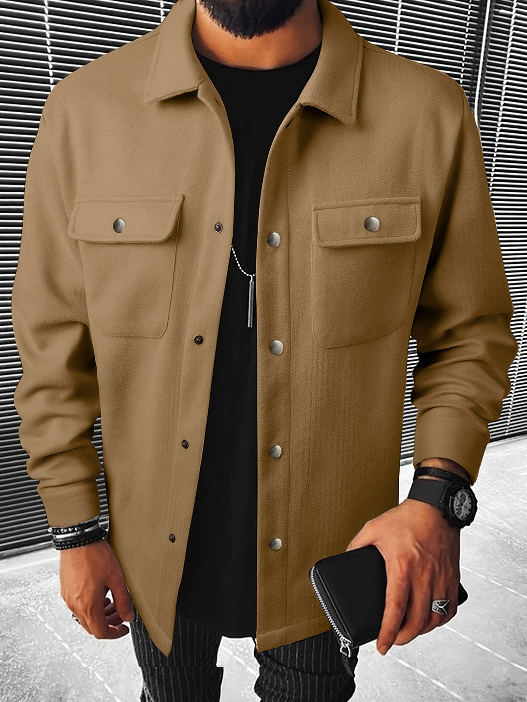 Men's shirt jacket made of wool blend with snap buttons and patch pockets Mune Fashion