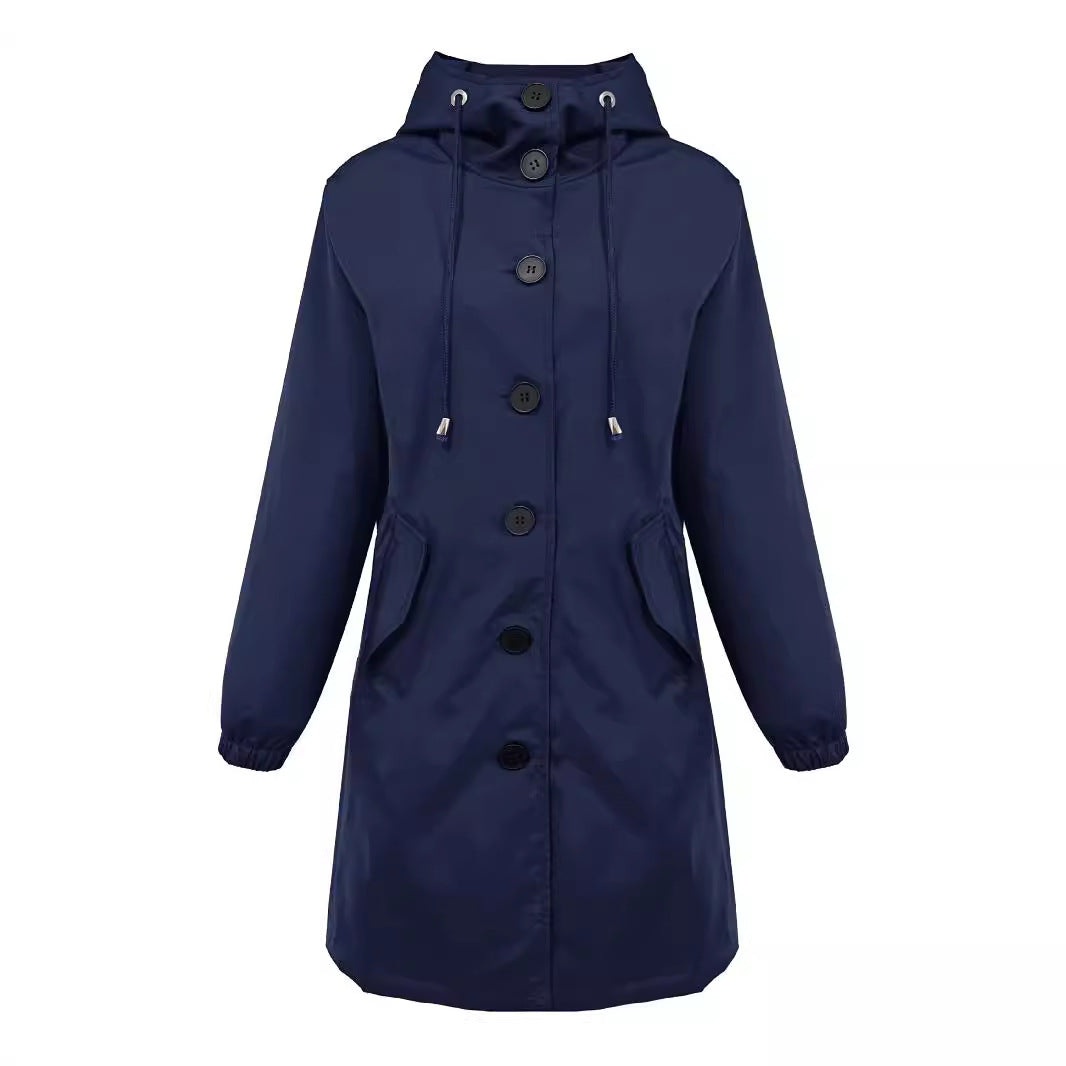 Women nan lightweight rain parka with hood, oversized button placket, drawstring and patch pockets Mune Fashion
