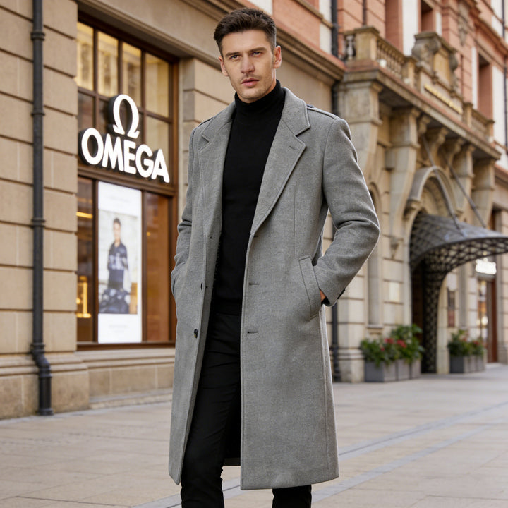 Men's longer tailored wool coat with lapel collar and inner pockets Mune Fashion