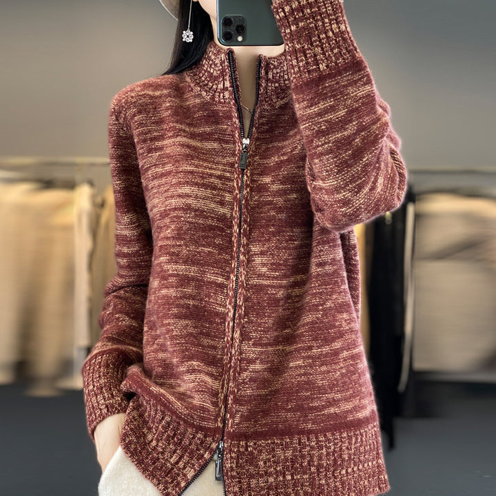 Women's zip-up cardigan with mottled texture and stand-up collar Mune Fashion