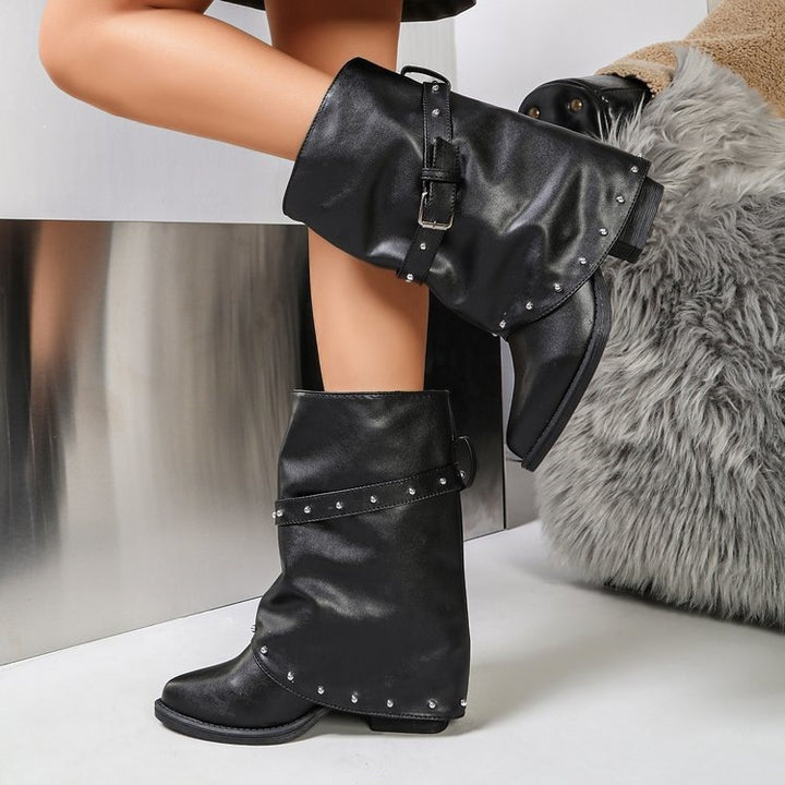 Women's Fashionable Boots with Studs and Belt Details Mune Fashion