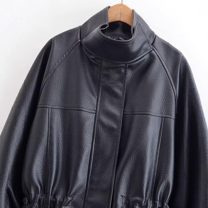 Women's Oversized Jacket in Leather Look with Stand-up Collar and Waist Drawstring Mune Fashion