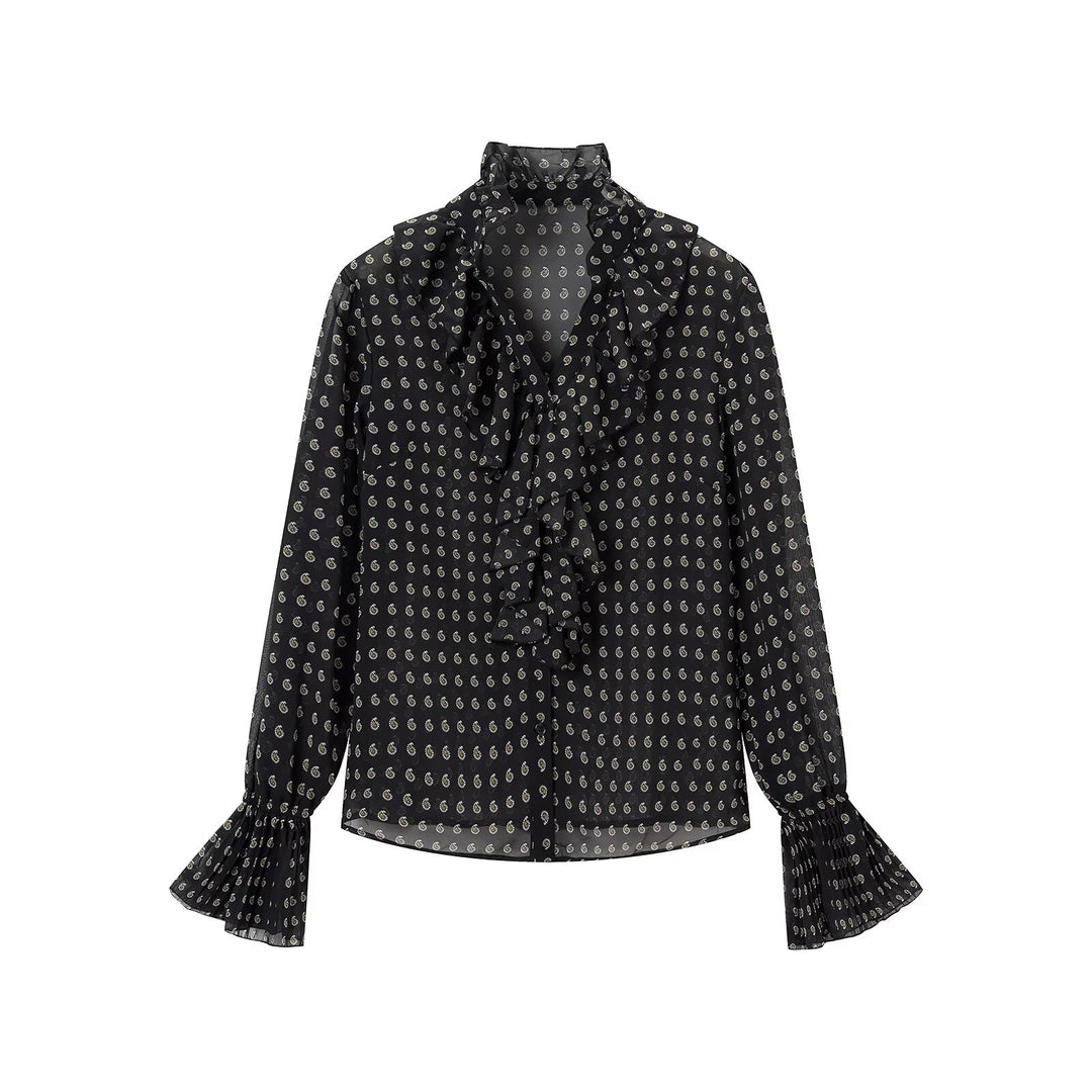Women's chiffon blouse with ruffled collar, tie scarf and pleated bell sleeves Mune Fashion