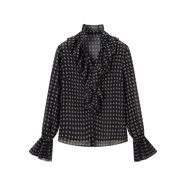 Women's chiffon blouse with ruffled collar, tie scarf and pleated bell sleeves Mune Fashion