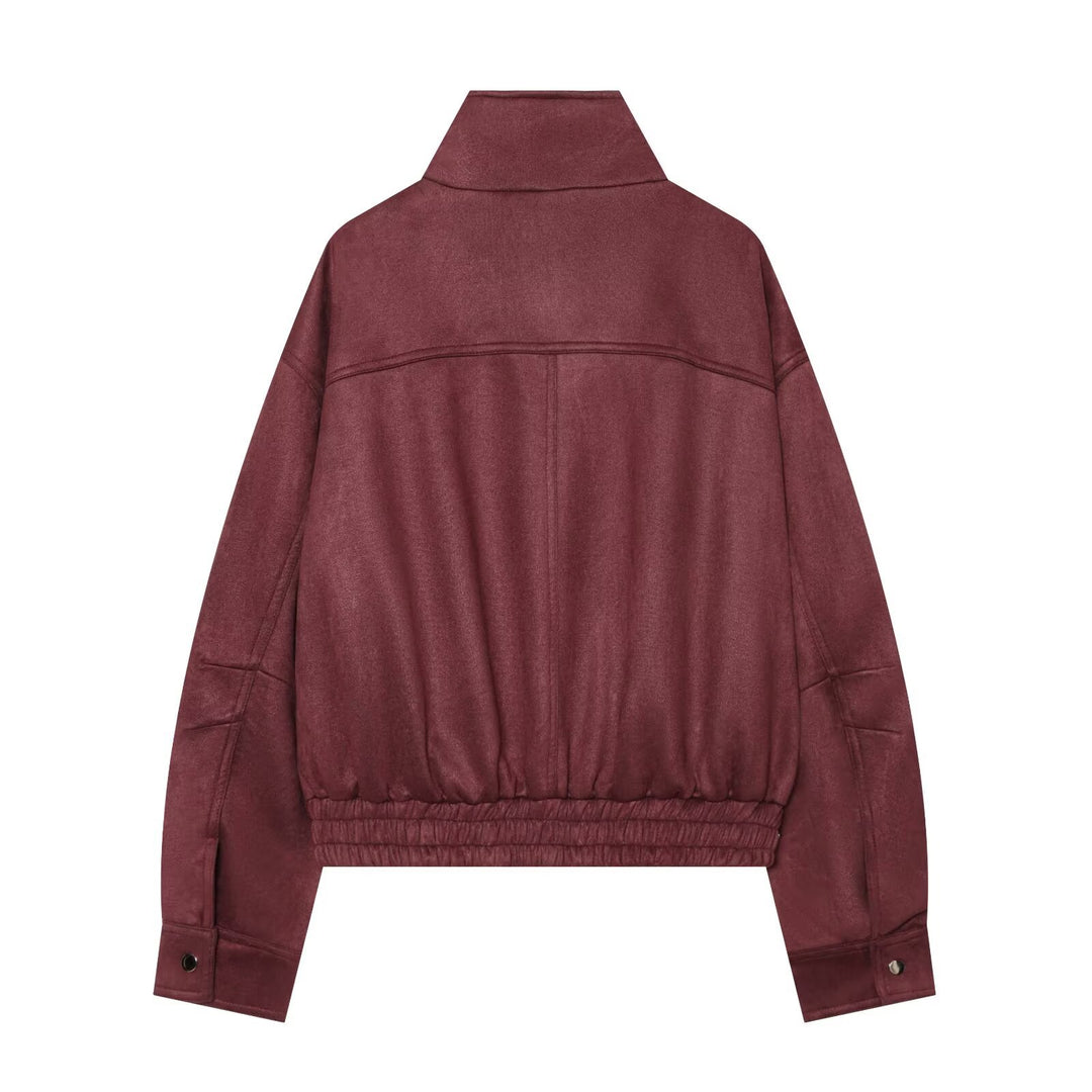 Women's short jacket in velour leather look with stand-up collar and elastic hem