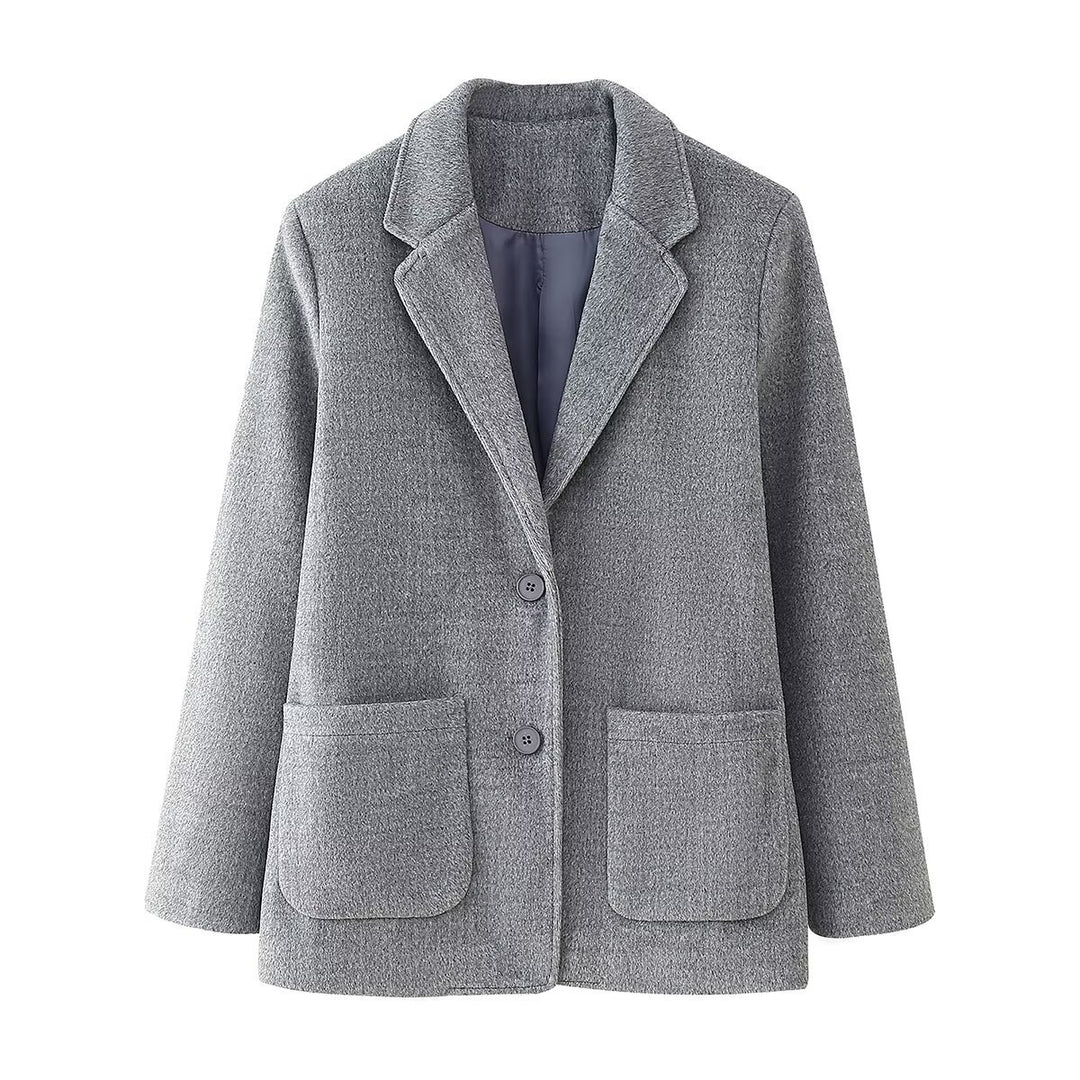 Women's short blazer coat made of wool blend with lapel collar, two-button closure, and patch pockets Mune Fashion
