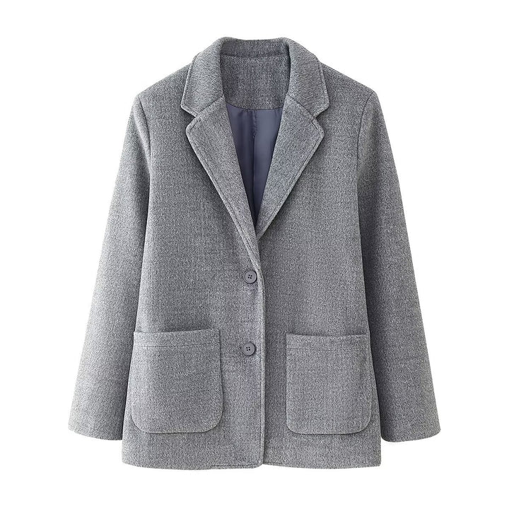 Women's short blazer coat made of wool blend with lapel collar, two-button closure, and patch pockets Mune Fashion
