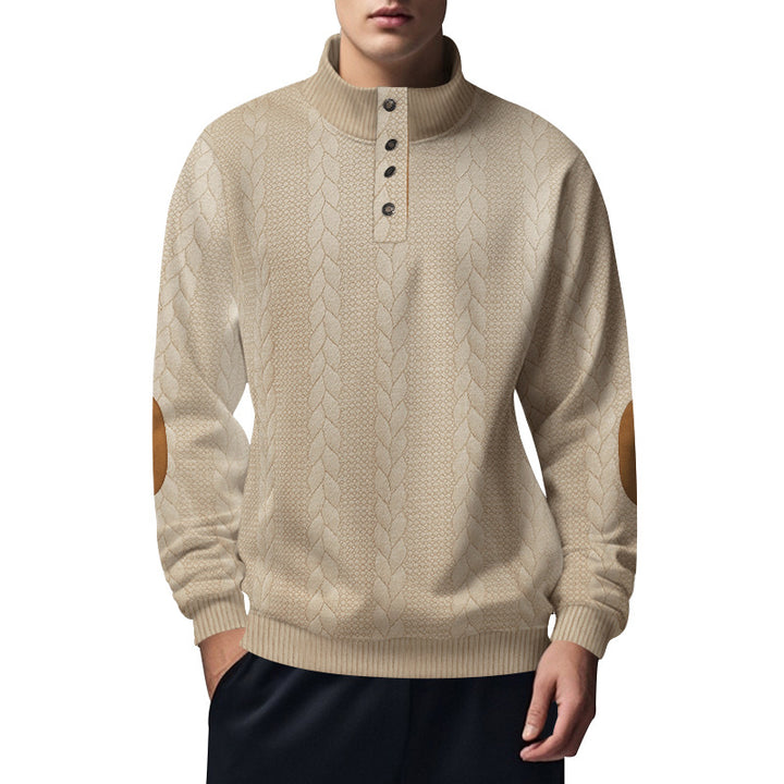 Men's structured cable knit Henley sweater with stand-up collar and elbow patches Mune Fashion