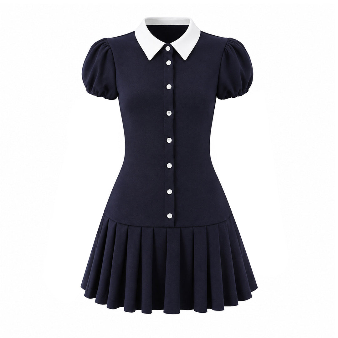 Women Fitted Shirt Dress with Puff Sleeves and Pleated Skirt Mune Fashion