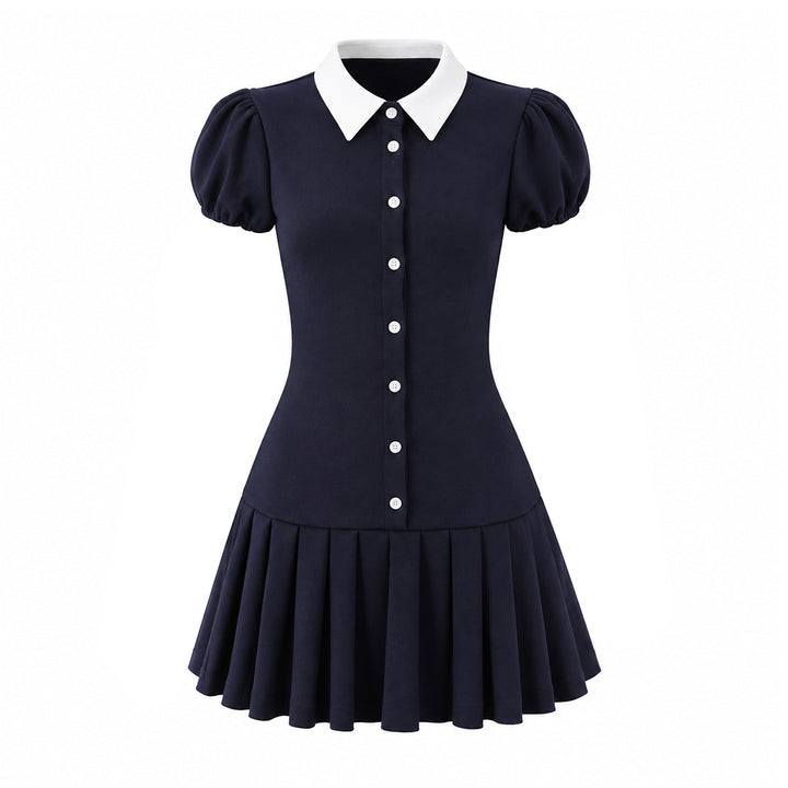 Women Fitted Shirt Dress with Puff Sleeves and Pleated Skirt Mune Fashion