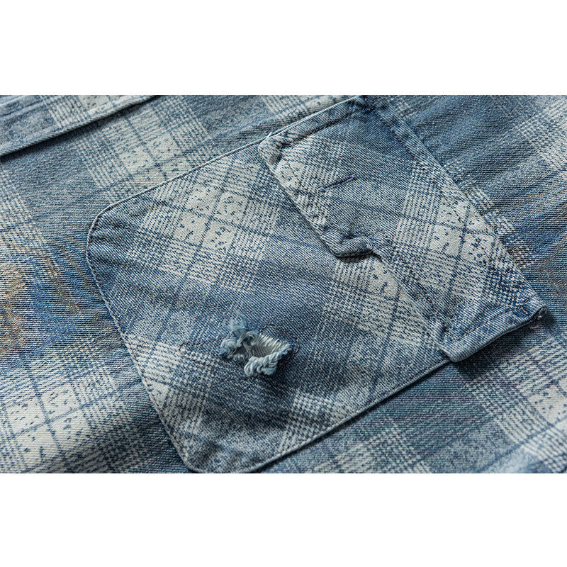 Men's Loose Check Shirt in Vintage Denim Look with Patch Chest Pocket and Used Details Mune Fashion