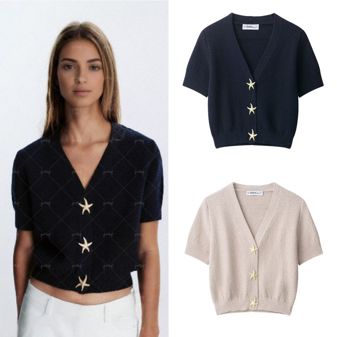 Women's Short-Sleeved Textured Knit Cardigan with V-Neck and Starfish Buttons Mune Fashion