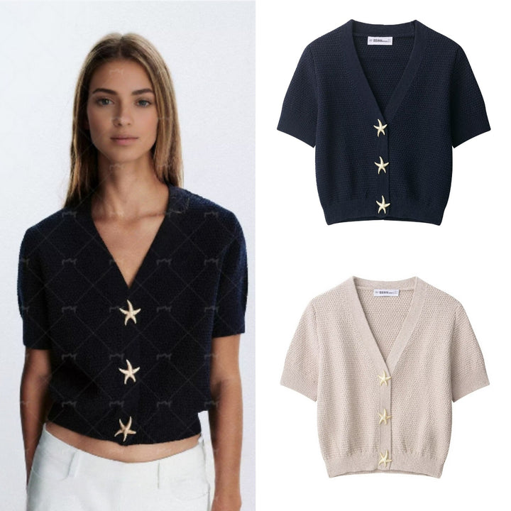 Women's Short-Sleeved Textured Knit Cardigan with V-Neck and Starfish Buttons Mune Fashion