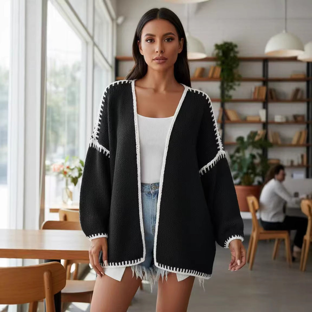 Women's Oversized Cardigan with Contrasting Crochet Edge and Dropped Shoulder Mune Fashion