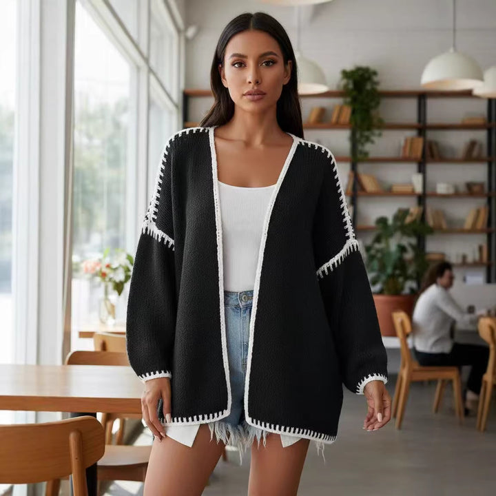 Women's Oversized Cardigan with Contrasting Crochet Edge and Dropped Shoulder Mune Fashion