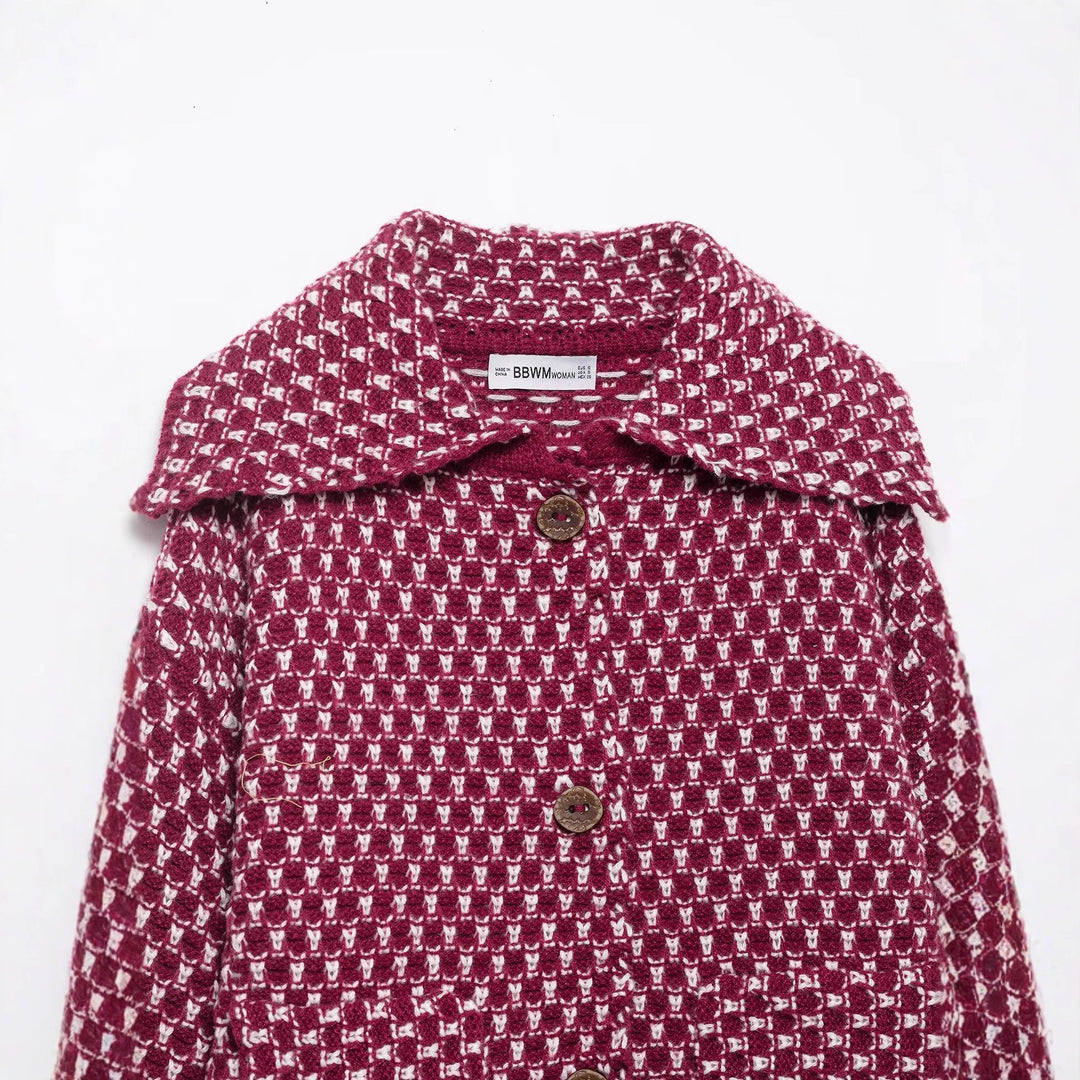 Women's casual bouclé tweed jacket with large lapel collar, patch pockets, and decorative wooden buttons Mune Fashion