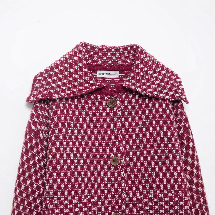 Women's casual bouclé tweed jacket with large lapel collar, patch pockets, and decorative wooden buttons Mune Fashion