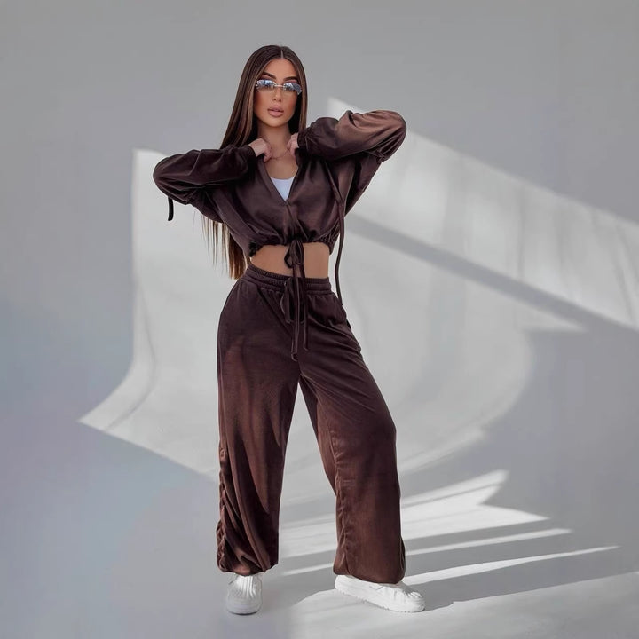 Women's Cropped Hoodie Sweatshirt with Drawstring at Hem and Loose Gathered Lounge Pants Mune Fashion