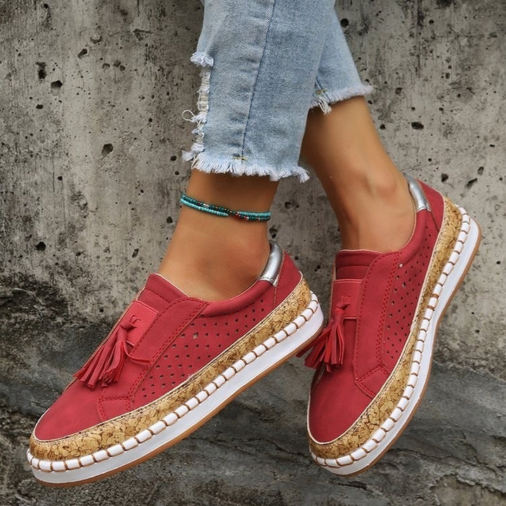 Women's Slip-On Wedge Sneakers with Cork Platform, Tassels and Perforated Upper Mune Fashion