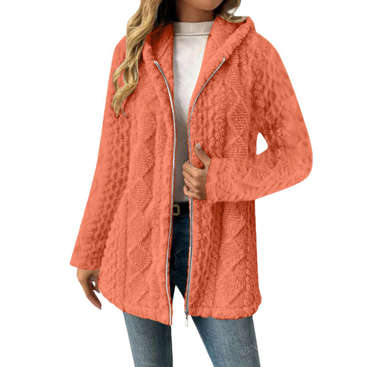 Women's Hooded Sherpa Jacket with Cable Pattern, Medium Length and Two-Way Zipper Mune Fashion