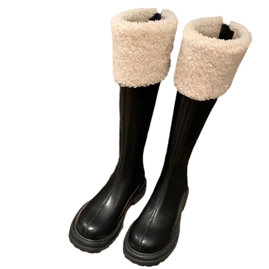 Women Knee-High Boots with Teddy Lining Cuff and Shaped Platform Sole Mune Fashion