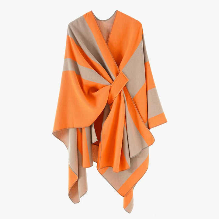 Women's Oversize Cape with Block Stripes and Tied Belt Mune Fashion