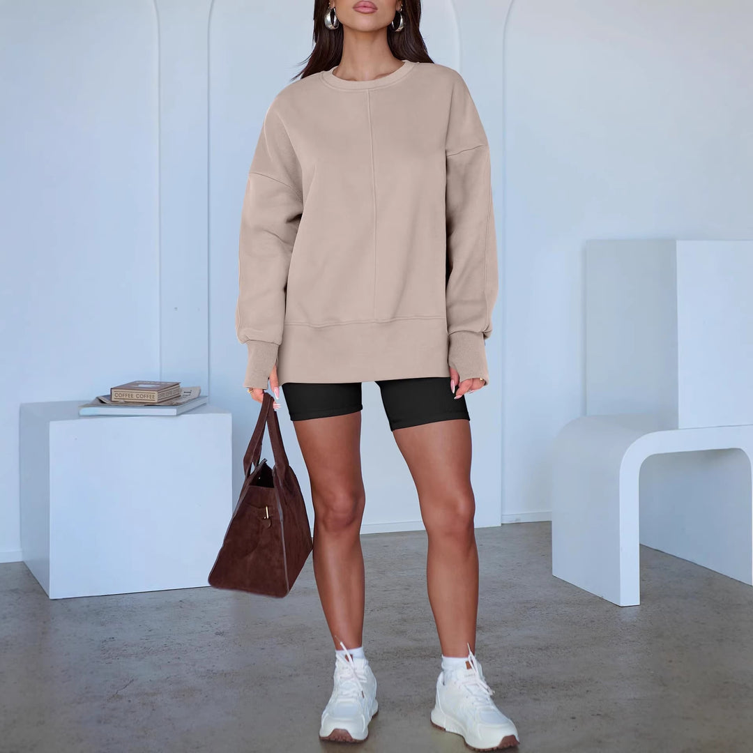 Women Oversize Sweatshirt with Center Seams, Round Neck and Drop Shoulder Mune Fashion
