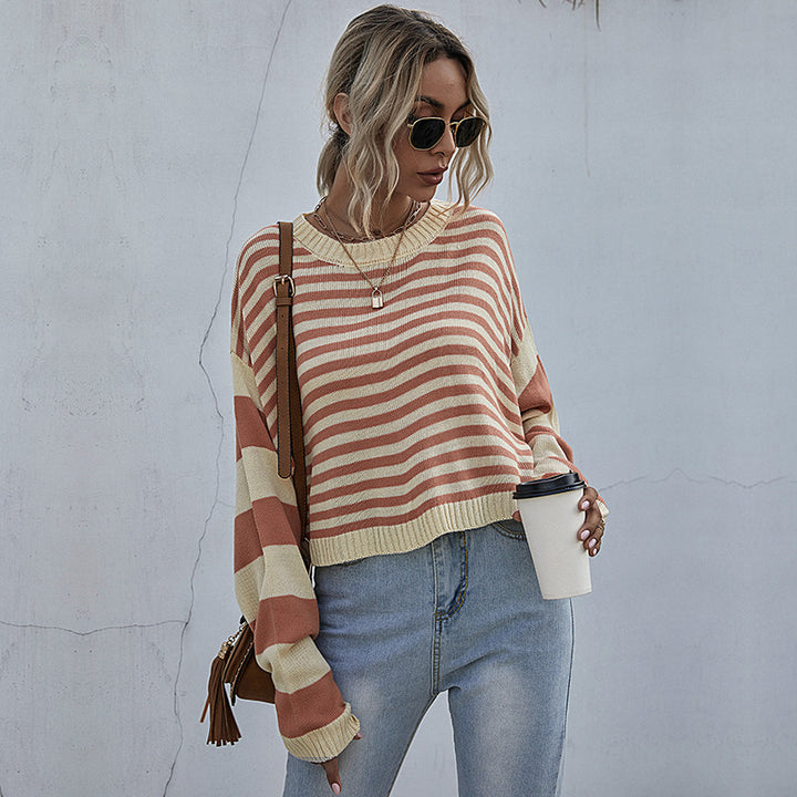 Women Striped Oversize Cropped Knit Sweater with Raglan Sleeves and Ribbed Trimmings Mune Fashion