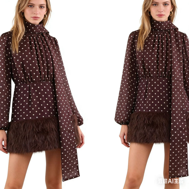 Women's dotted chiffon blouse with high stand collar, long scarf, and faux fur hem Mune Fashion