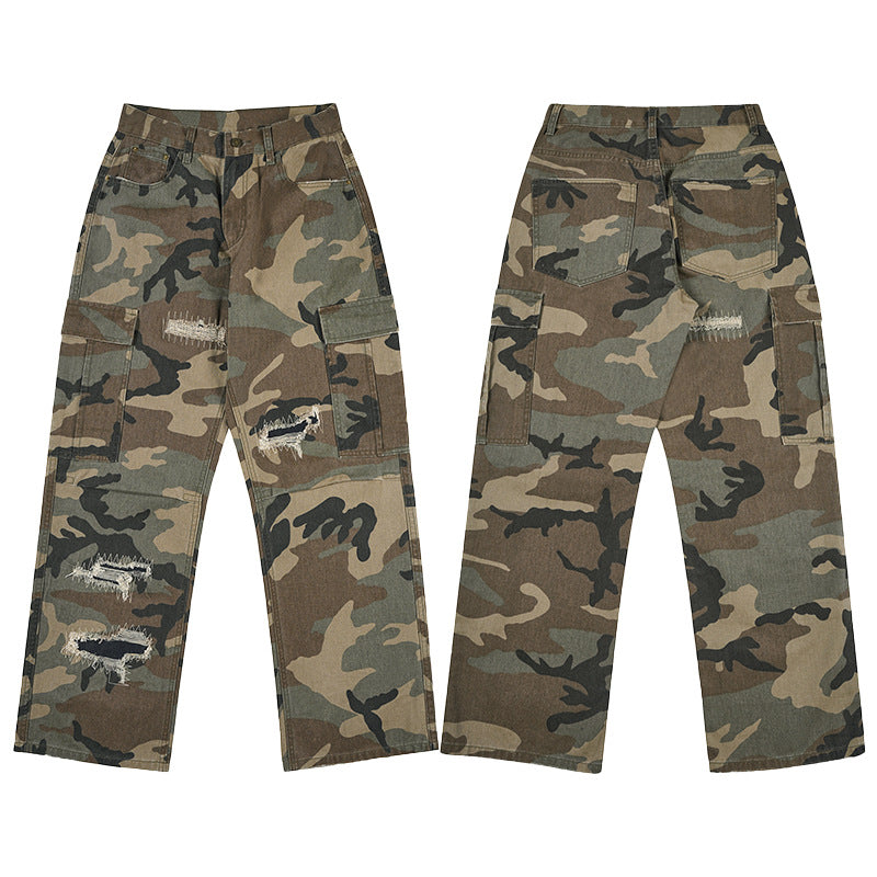 Men's loose cargo pants in camouflage look with deliberately ripped details and large flap pockets Mune Fashion