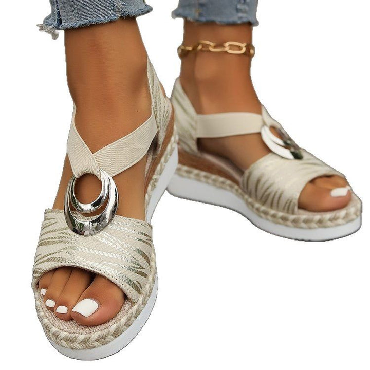 Women Espadrille Wedge Sandals with Braided Jute Sole, Elastic Slingback, and Large Metal Ornament Mune Fashion