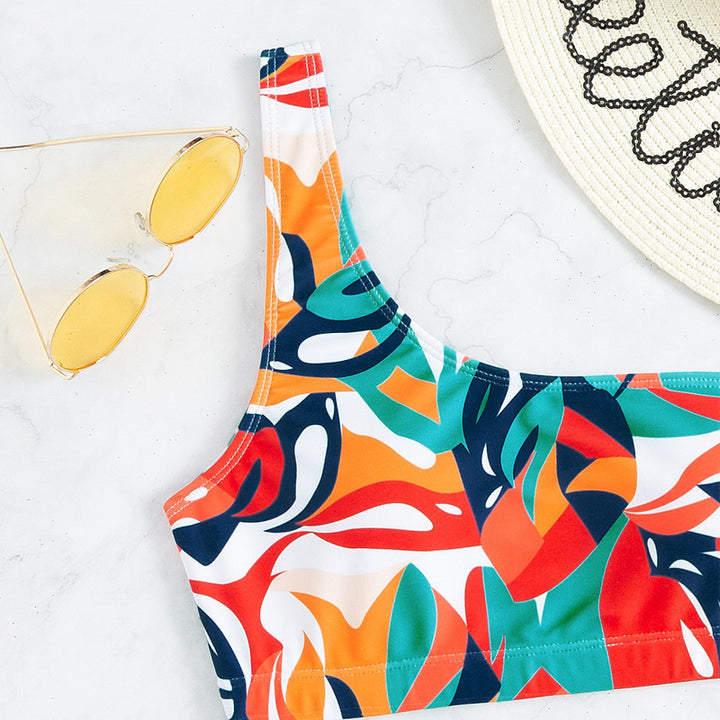 Women's One-Sided Bikini with Floral Design and High Leg Cut Mune Fashion